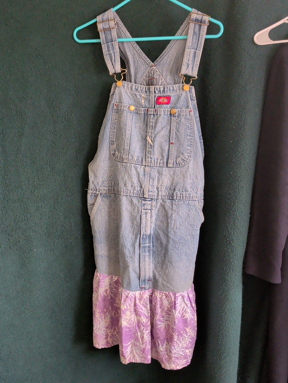 Vintage 90's Dickies Denim Overall Midi Dress with Purple Floral Hem